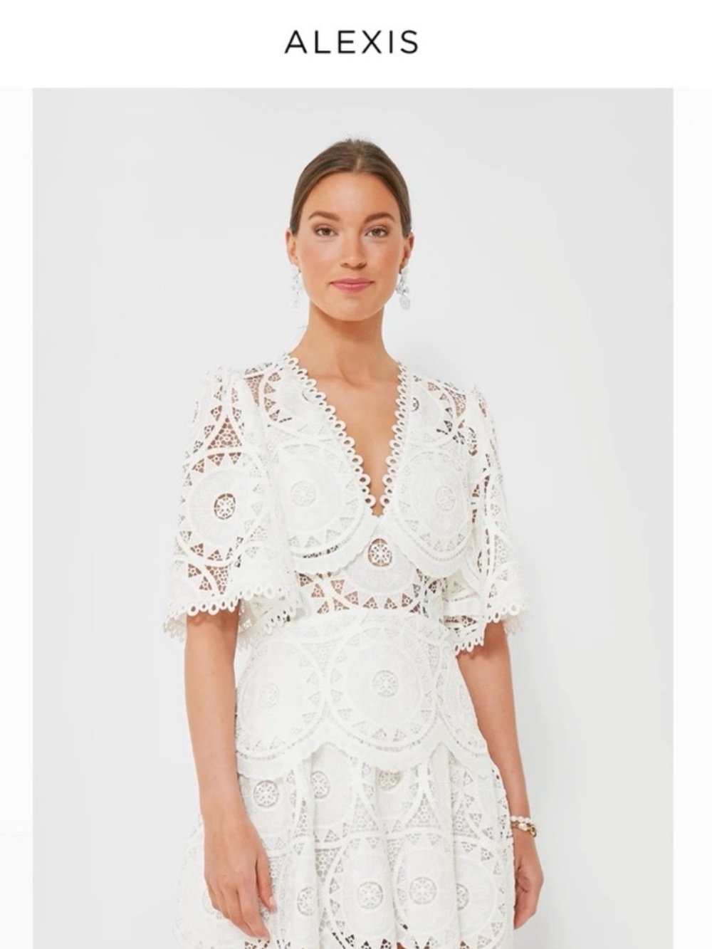 Alexis White Crochet Lace Midi Dress with Scalloped V-Neck